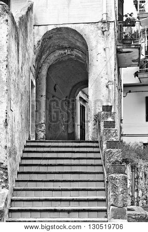 Narrow Alley with Stairs in Italian City of Cetara Retro Image Filtered Style