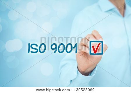 ISO 9001 - quality management system. Businessman select ISO 9001 certification.