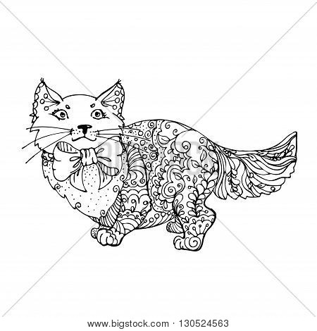 hand drawn ink doodle cat on white background. Coloring page - zendala, design forr adults, poster, print, t-shirt, invitation, banners, flyers.