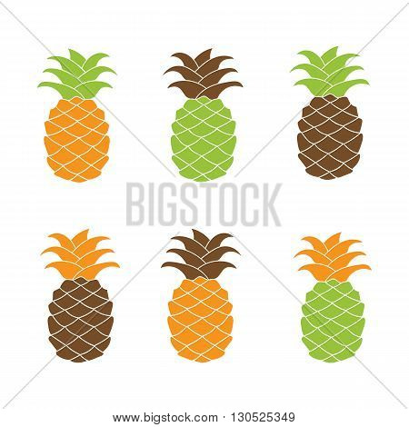 Pineapple icon set colorful flat design isolated on white background. Vector illustration. Green, brown and orange.