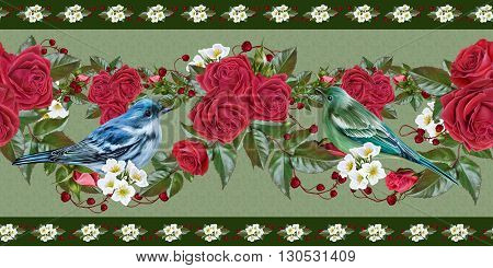horizontal floral border rose red and green leaves blue bird white flowers anemones