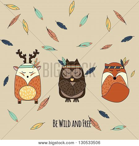 Boho animals in hand drawn style. Tribal owl deer and fox with falling feathers inspirational vector illustration