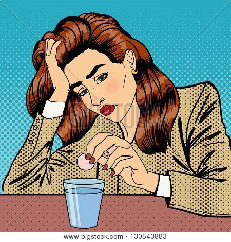 Stress at Work. Woman Drinking Pills. Pop Art Vector illustration