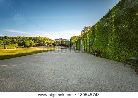 VIENNA, AUSTRIA - CIRCA APRIL 2016: Schonbrunn gardens with Gloriette building in Vienna. Schonbrunn palace is one of the most important architectural and historical places in Austria