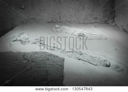 2000 year ago. grave burial skeleton human bones near Muang Singha ancient rock castle at Kanchanaburi Thailand