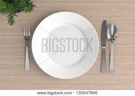 Empty plate spoon fork and knife on a wooden base.  3D illustration.
