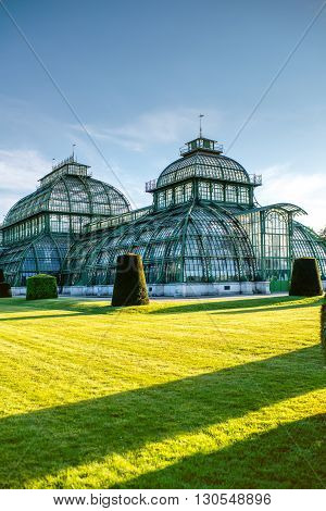 VIENNA, AUSTRIA - CIRCA APRIL 2016: Palmenhaus in Schonbrunn gardens in Vienna. This greenhouse is the largest botanical exhibits of its kind in the world