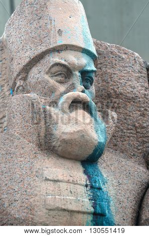 KIEV,UKRAINE - MAY 15, 2016: Ukrainian vandalism.Broken nose on Monument to Reunion of Ukraine and Russia in Kiev, Ukraine (ukrainian nazionalists have tradition to vandalise monuments). Kiev. Ukraine