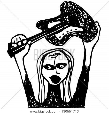 Rock-n-roll singer with guitar. Smash the guitar. Hand drawn vector.