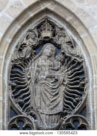 TUBINGEN, GERMANY - OCTOBER 21: Virgin Mary with baby Jesus, Collegiate Church of St. George in Tubingen, Germany on October 21, 2014.