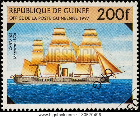 MOSCOW RUSSIA - MAY 20 2016: A stamp printed in Guinea shows old warship 