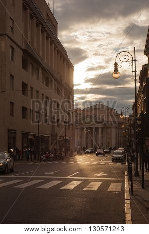 TRIESTE ITALY - MAY 01: View of Borsa square in Trieste at sunset on May 01 2016