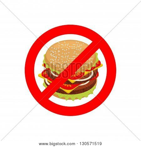 Ban Hamburger. Stop fast Food. Strikethrough Juicy Burger With Cutlets. Emblem Against Unhealthy Foo