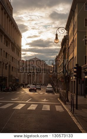 TRIESTE ITALY - MAY 01: View of Borsa square in Trieste at sunset on May 01 2016