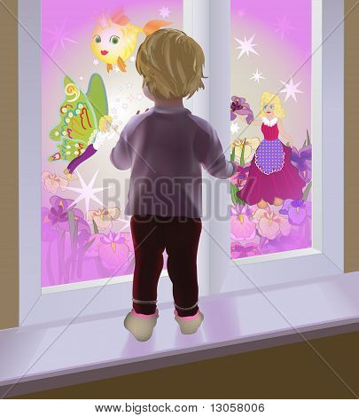 A baby watching fairies through the window