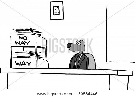 Business cartoon about an inbox and outbox process.
