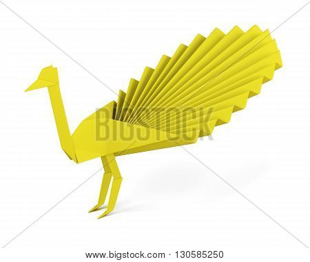 Origami peacock made of paper isolated on white background. Yellow paper peacock. Side view. 3d rendering