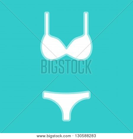 Women wimsuit icon. White icon with whitish background on torquoise flat color.