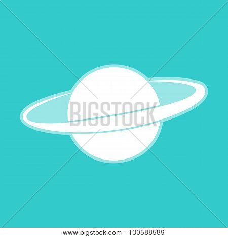 Planet in space icon. White icon with whitish background on torquoise flat color.