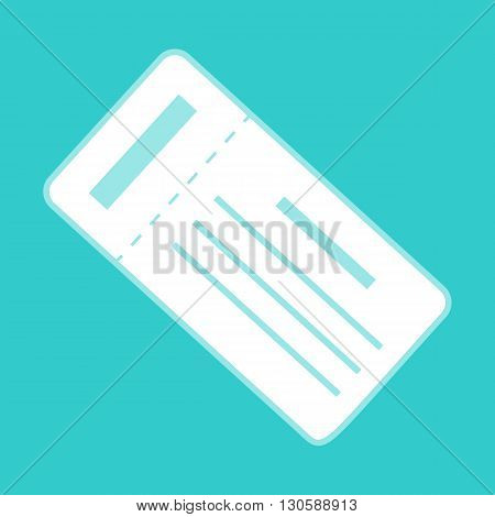 Ticket simple icon. White icon with whitish background on torquoise flat color.