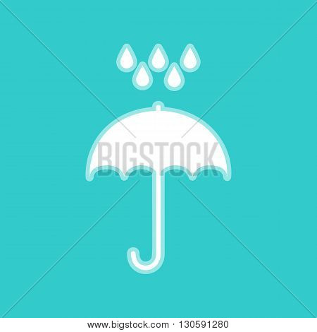 Umbrella with water drops. Rain protection symbol. Flat design style. White icon with whitish background on torquoise flat color.