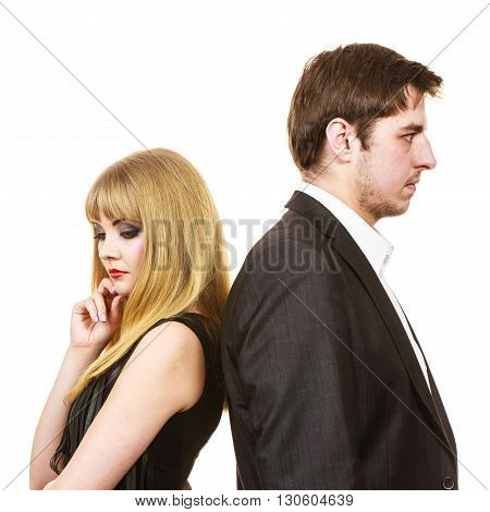 Elegant couple ignore each other after arguement. Lovers woman and man standing back to back not speaking side view. Isolated on white.