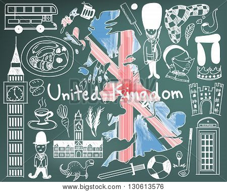 Travel to United kingdom England and Scotland doodle drawing icon with culture costume landmark and cuisine tourism concept in blackboard background create by vector