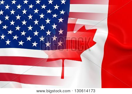 US and Canadian Relations Concept Image - Flags of the United States of America and Canada Fading Together - 3D Illustration