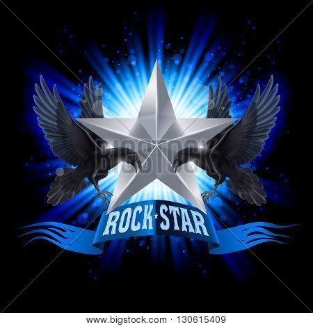 Blue Rock Star banner with two ravens over shining background