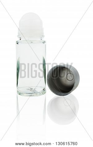 Gray compact roll on deodorant isolated on white
