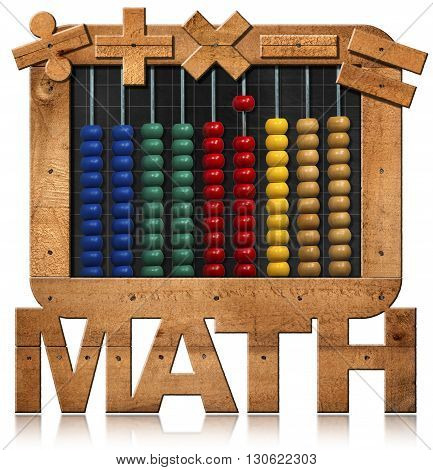 3D illustration of a colorful abacus in a blackboard with wooden frame with text math and mathematical symbols. Isolated on white background