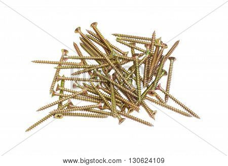 Pile of zinc plated chipboard screws with countersunk heads on a light background