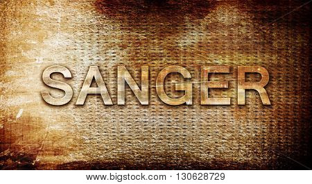 sanger, 3D rendering, text on a metal background