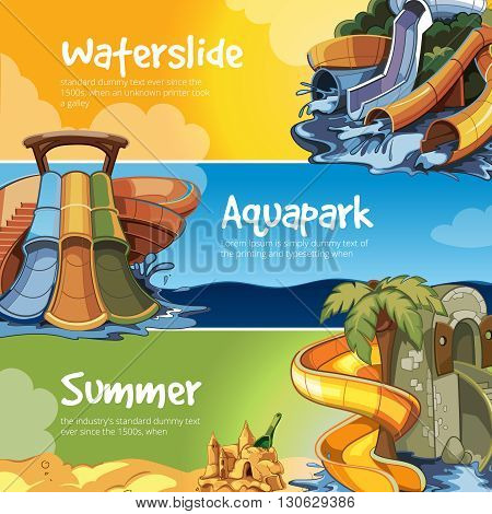Set of Water slide in an aquapark. Vector illustrations. Web banners of Water slide