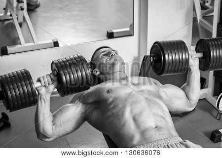 Strong man. Muscle training in the gym. Training in the gym.