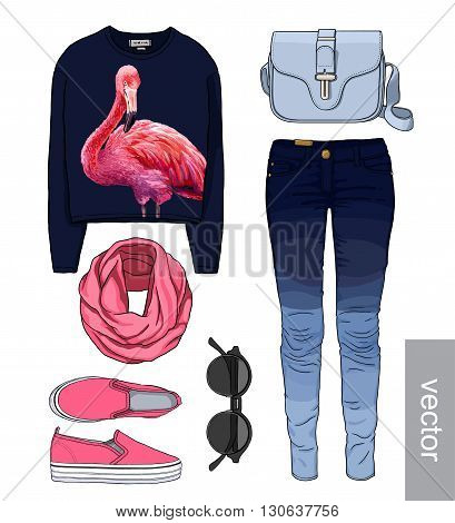 Lady fashion set of autumn, winter season outfit. Illustration stylish and trendy clothing. Denim, slip-on, jeans, bag. Paradise, tropical, exotic flamingo. Vector