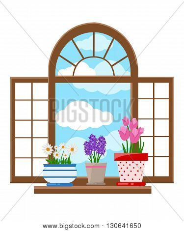 Window in the flat style Vector flat windows with landscape. Town and skyscraper