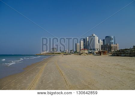 Tel-AvivI,srael - December 10, 2010: Cityscape and beach panorama from side of Jaffa old port. Israel.