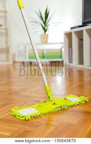 Cleaning the floor with a mop in the living room