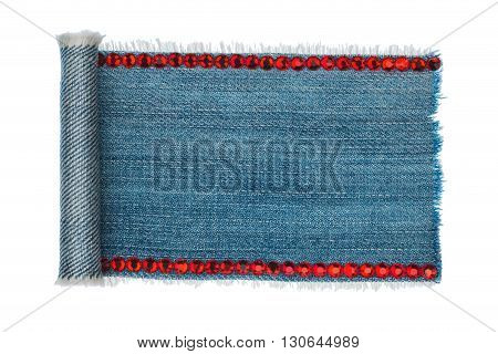 Denim twisted in the form of a manuscript on denim isolated on white background