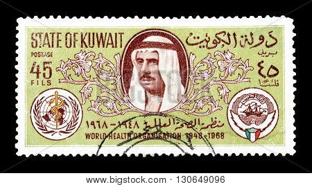 KUWAIT - CIRCA 1968 : Cancelled postage stamp printed by Kuwait, that shows Sheik Sabah, Arms of WHO and Kuwait.