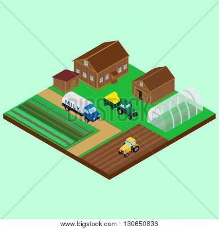 Vector illustration. The yard of a farm - house barn tractor with trailer a tanker carrying the milk on the road field greenhouse
