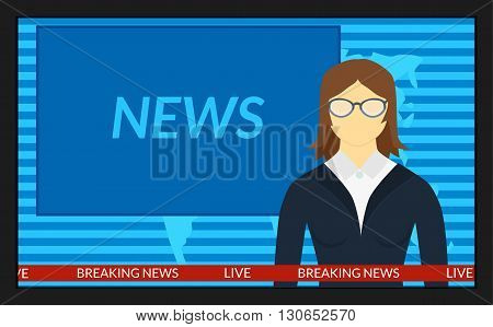 vector illustration. The news on TV. The woman reporter in the glasses.