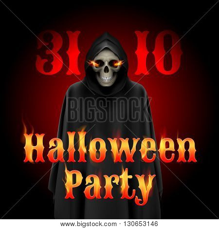 Halloween party invitation design with Grim Reaper and flame