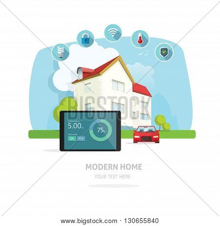 Smart home modern future house vector illustration flat, lighting, heating, air conditioning, saving energy, security safety, sun solar module power control technology system, house remodeling