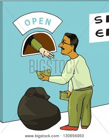 A man with a bag of money in front of the currency exchange. Concept: financial crisis, debt default