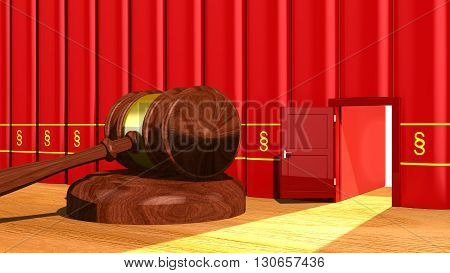 3D illustration escape the law concept with a gavel on a table and a backdoor in a row of red books with a paragraph sign