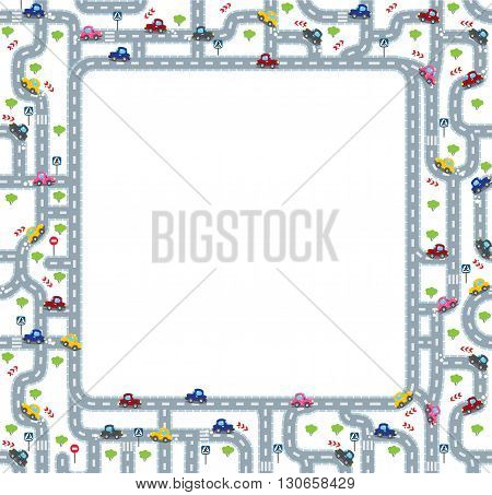 Funny frame or border of roads, grass areas and cars. Children vector illustration or background.