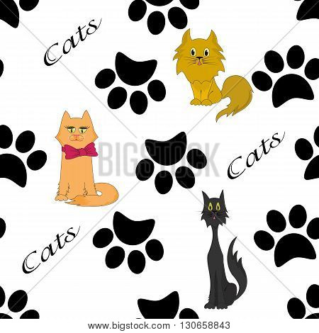 Cats and paws, futprints seamless pattern.Black marks on a white background