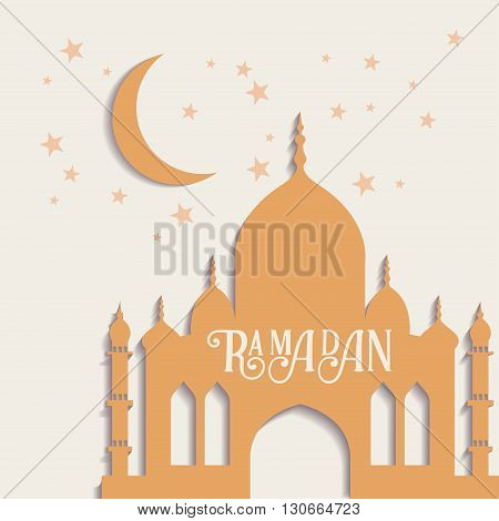 Ramadan vector greeting card with silhouette of mosque. Vector multicolor seamless background. Ramadan Kareem. Creative design concept for muslim holiday